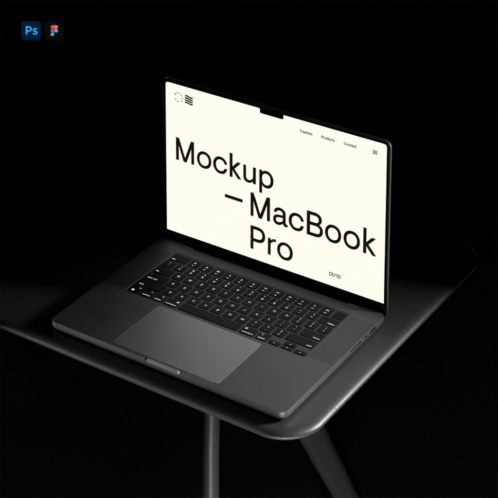 Front view, MacBook Pro Mockup standing on the black table.