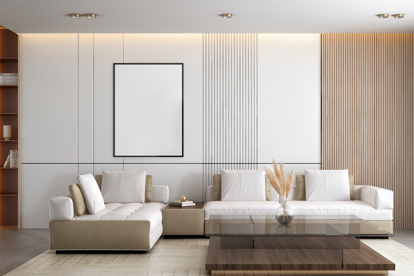 Front view Blank Free Poster in Living room Mockup handing on the white wall.