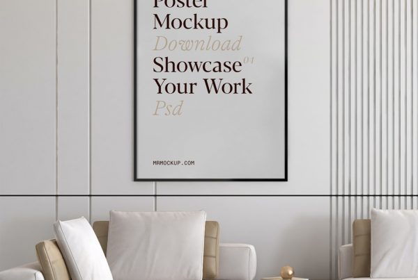 Front view Free Poster in Living room Mockup with bright tone colors design handing on the white wall.
