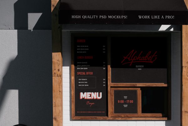 Front view Free Restaurant Facade Mockup with dark design and orange restaurant logo.