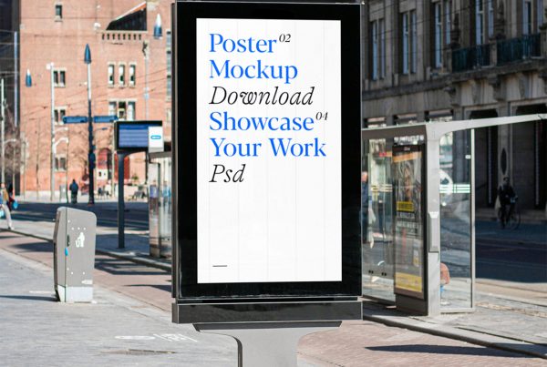 Front view, Free Street Digital Poster Mockup with blue and black typography design against the city in the background.