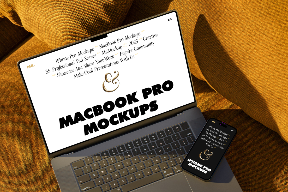 Seen from above, space gray MacBook Pro Mockup with white design and black iPhone 14 Pro Mockup with black design laying on the reddish yellow couch.