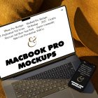 Seen from above, space gray MacBook Pro Mockup with white design and black iPhone 14 Pro Mockup with black design laying on the reddish yellow couch.