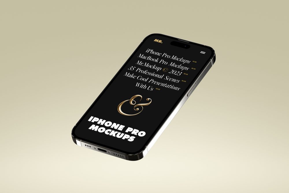 Front view, levitating iPhone 14 Pro Mockup with black design against a bright gold background.