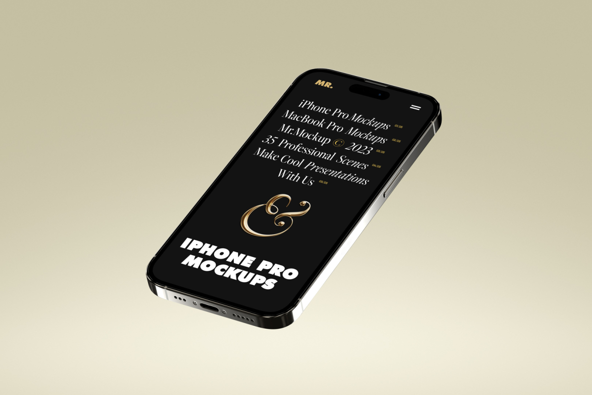 Front view, levitating iPhone 14 Pro Mockup with black design against a bright gold background.