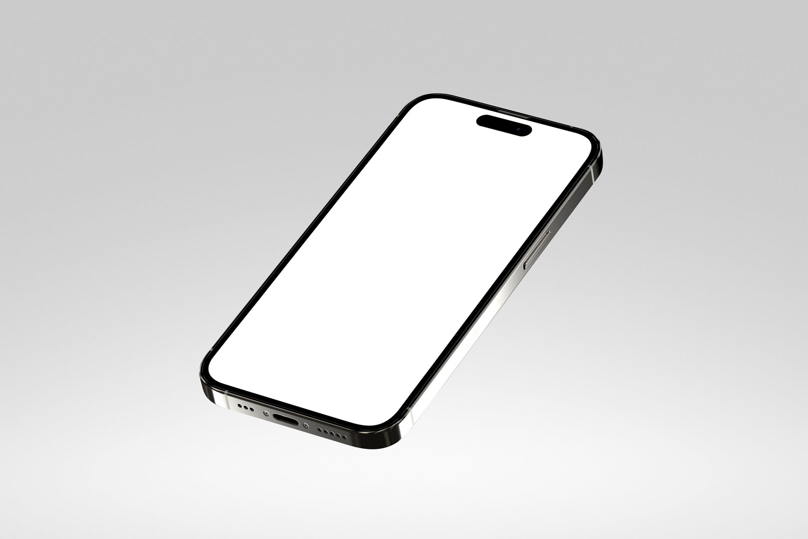 Front view, levitating blank iPhone 14 Pro Mockup against a white background.