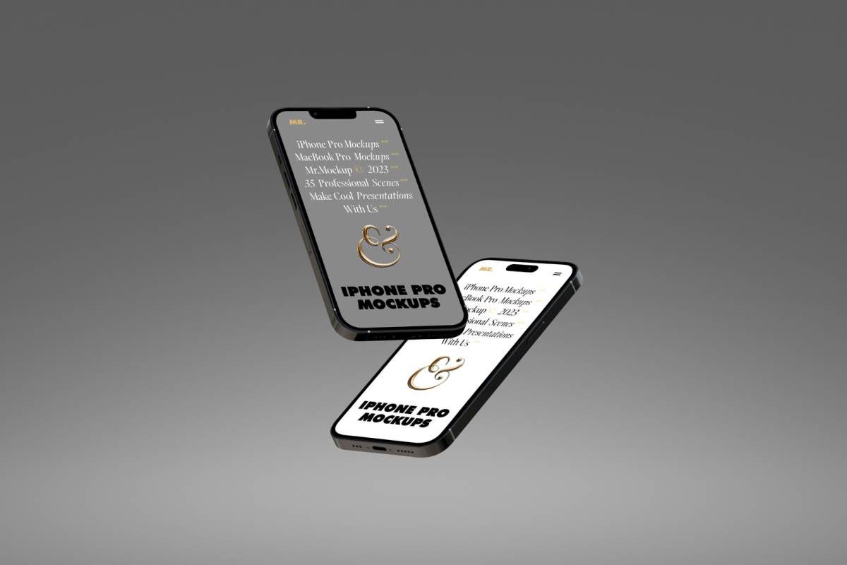 Front view, two levitating iPhone 14 Pro Mockups with gray and white design against a dark gray background.