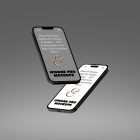 Front view, two levitating iPhone 14 Pro Mockups with gray and white design against a dark gray background.
