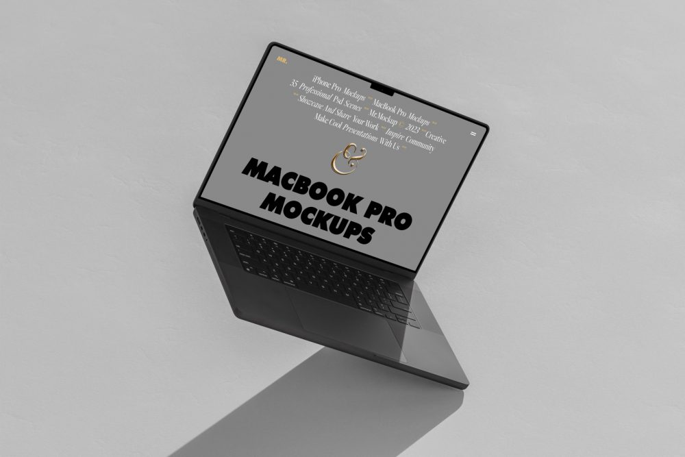 Front view, space gray MacBook Pro Mockup with gray design standing on the bright gray floor and hole background.