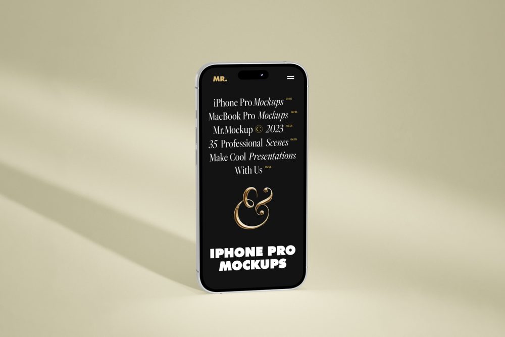 Front view, iPhone 14 Pro Mockup with black design standing on the bright gold floor.
