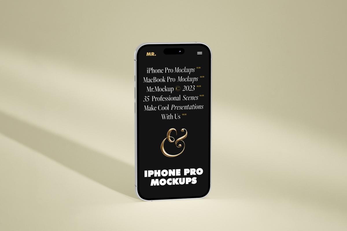 Front view, iPhone 14 Pro Mockup with black design standing on the bright gold floor.