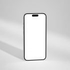Front view, blank iPhone 14 Pro Mockup standing on the white floor.