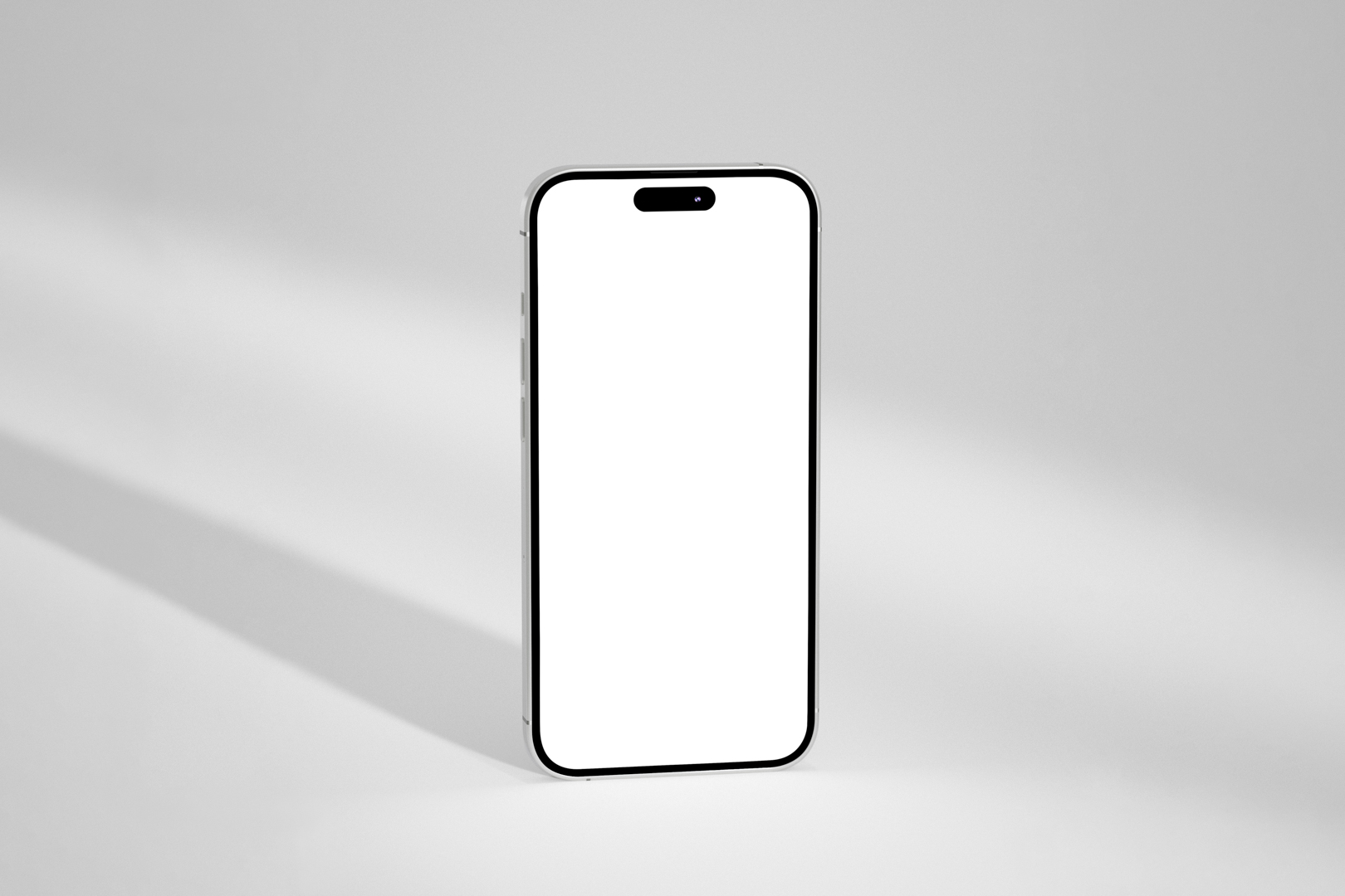Front view, blank iPhone 14 Pro Mockup standing on the white floor.