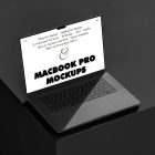 Seen from above, MacBook Pro Mockup with white design standing on the gray/black studio cubic.