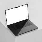Seen from above, blank MacBook Pro Mockup standing on the white studio cubic.