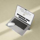 Seen from above, MacBook Pro Mockup with white design standing on the rock laying on the bright gold floor.