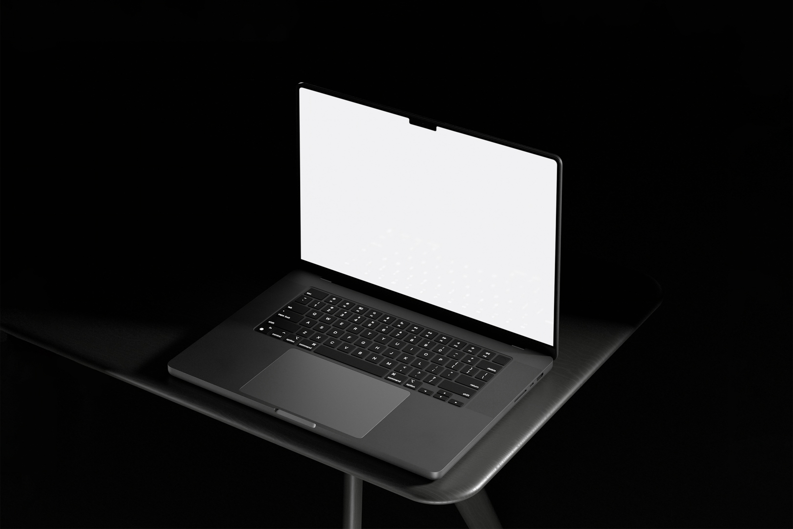 Seen from above, blank MacBook Pro Mockup standing on the black desk against a deep black background.
