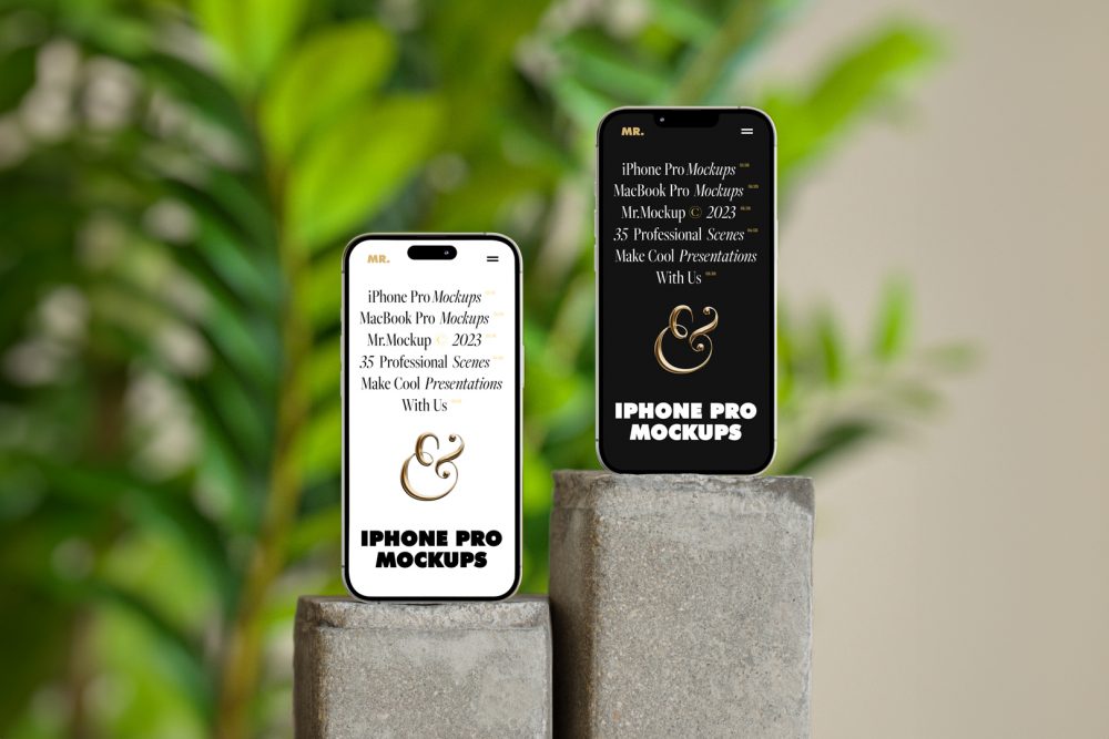 Front view, two iPhone 14 Pro Mockups with white & black design standing on the square piece of concrete against monstera flowers and beige wall.