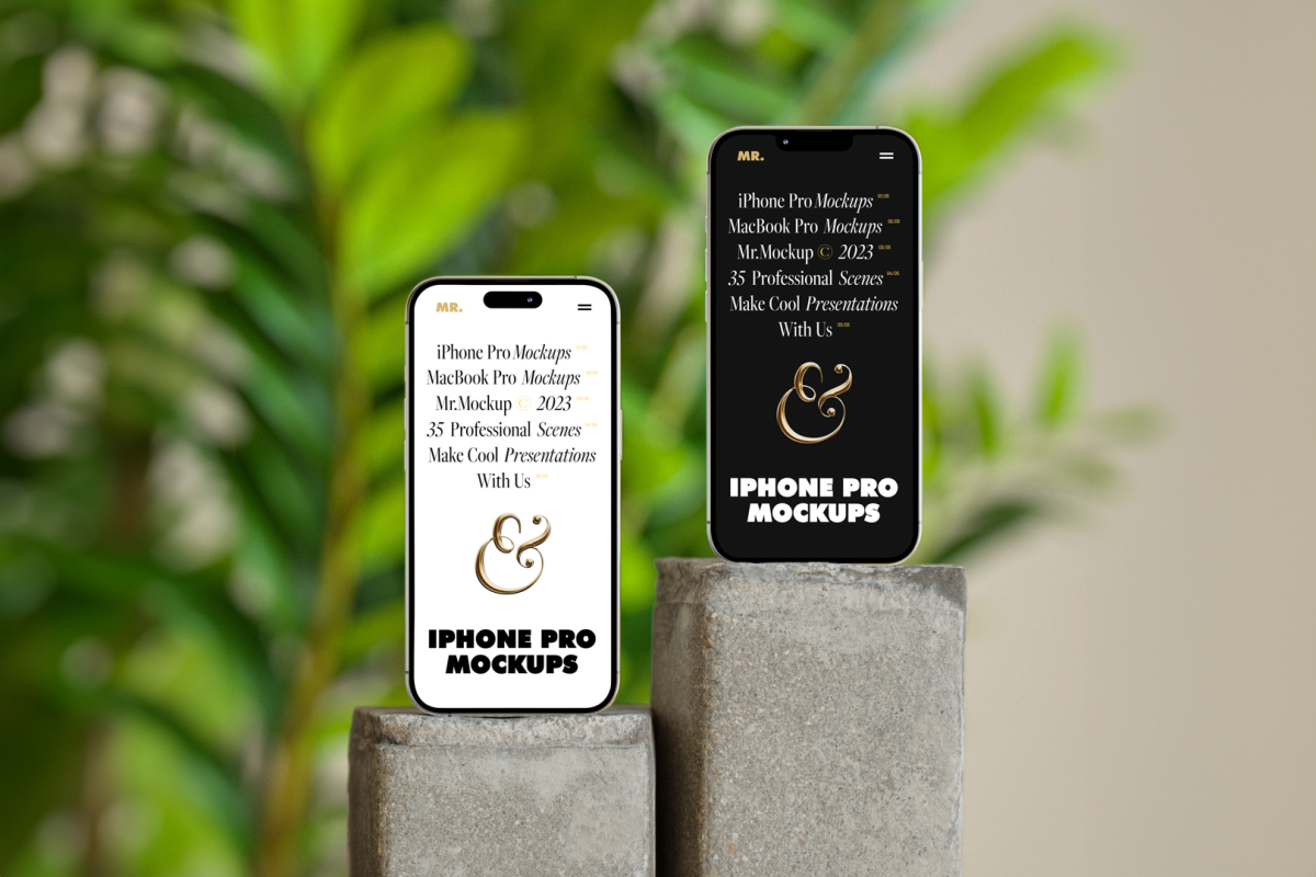 Front view, two iPhone 14 Pro Mockups with white & black design standing on the square piece of concrete against monstera flowers and beige wall.