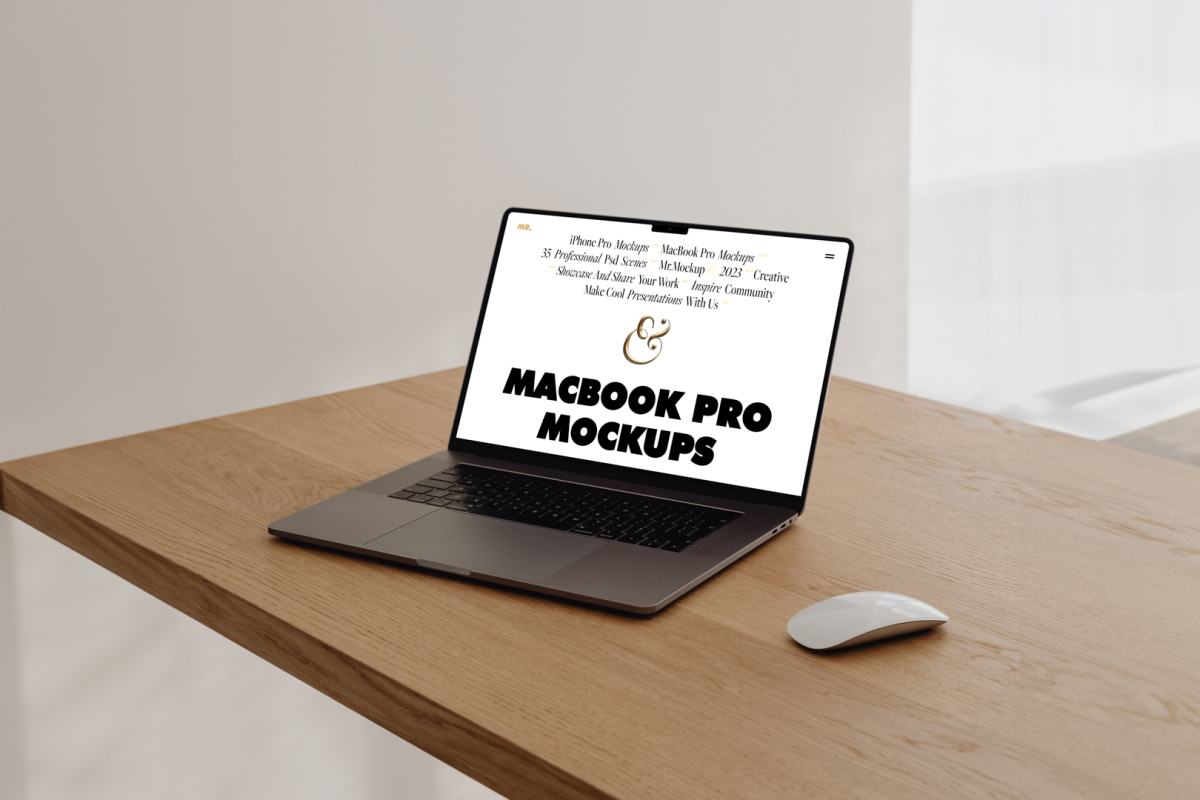 Front view MacBook Pro Mockups with white design laying on the wooden desk, white apple mouse against white walls in the flat.