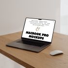 Front view MacBook Pro Mockups with white design laying on the wooden desk, white apple mouse against white walls in the flat.