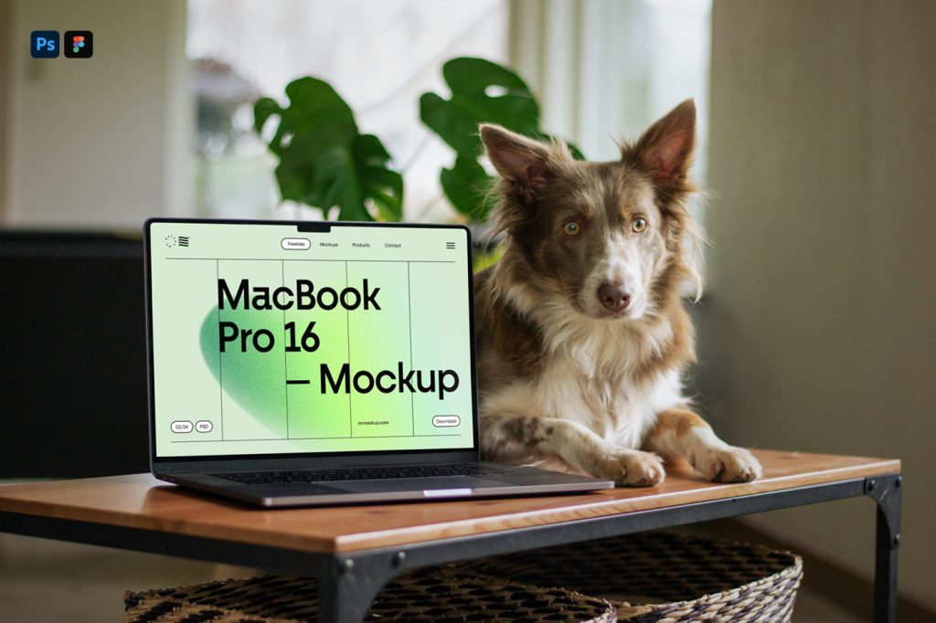 Front view, MacBook Pro Mockup standing on the wooden table with dog right next to it.