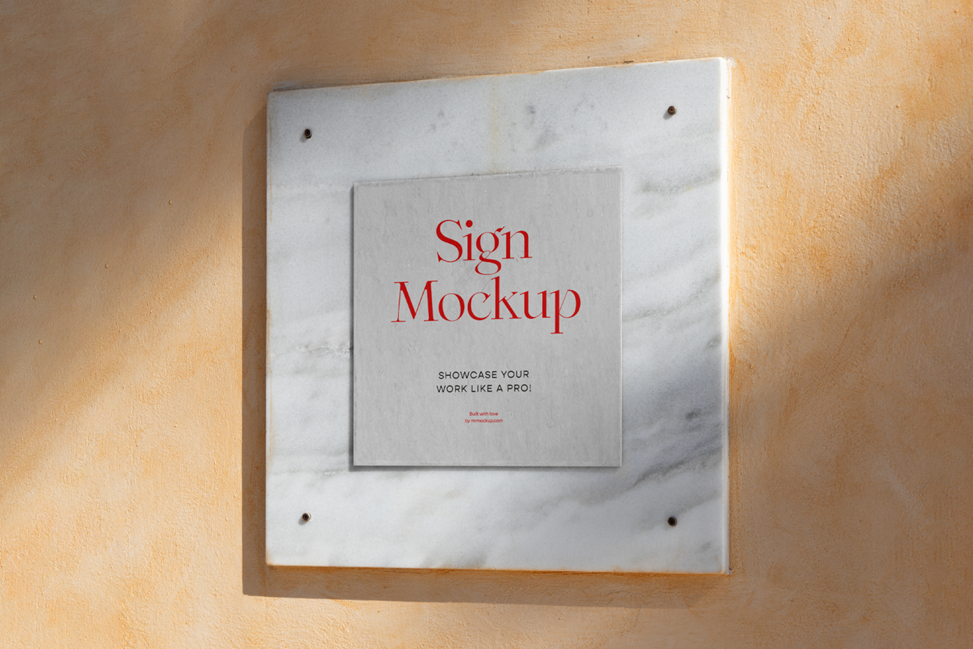 Front view, sign mockup attached to the marble tablet hanging on the orange color concrete wall.