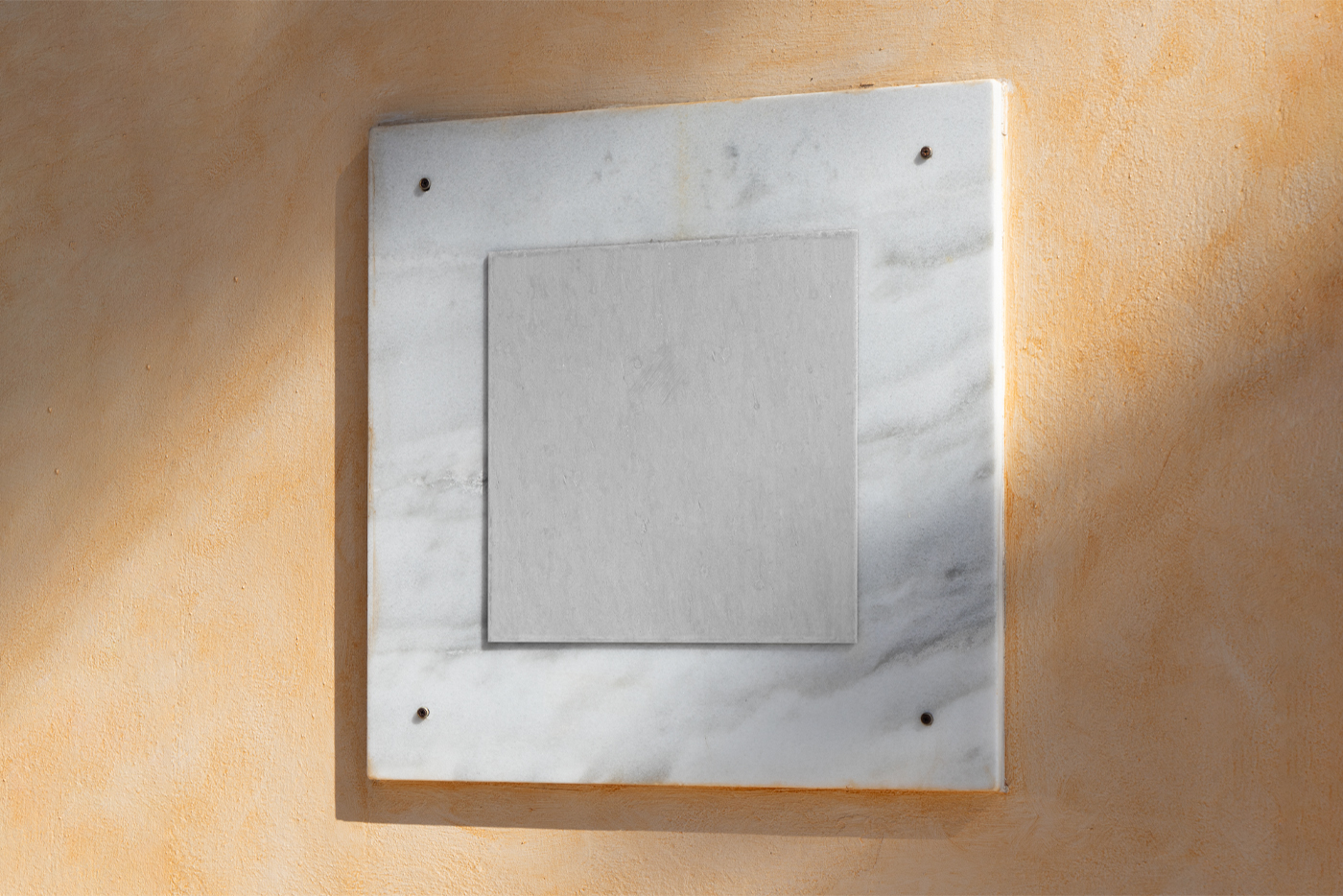 Front view, blank sign mockup attached to the marble tablet hanging on the orange color concrete wall.