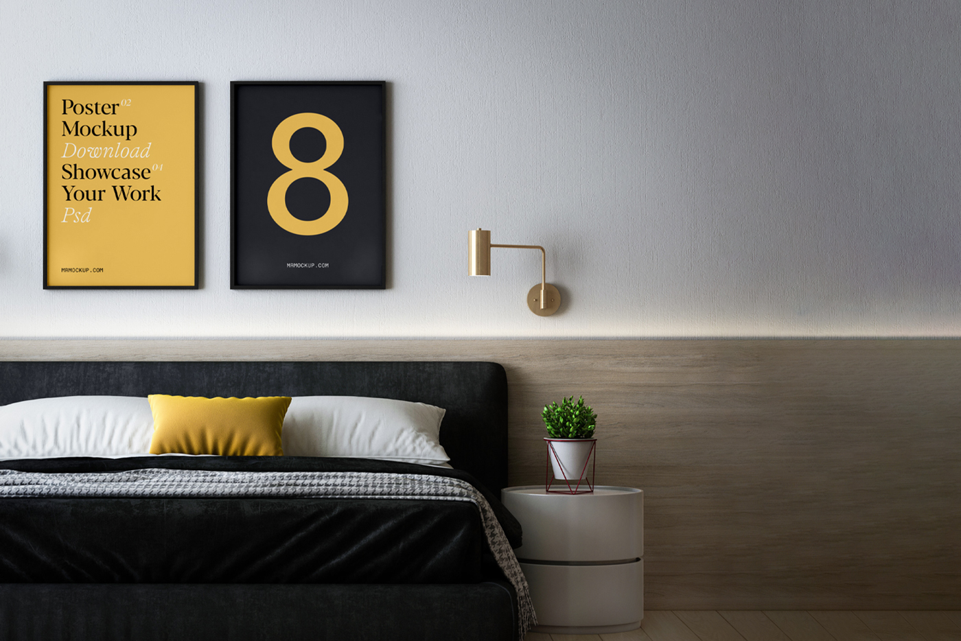 Front view, two poster mockup hanging on the wall in bedroom.