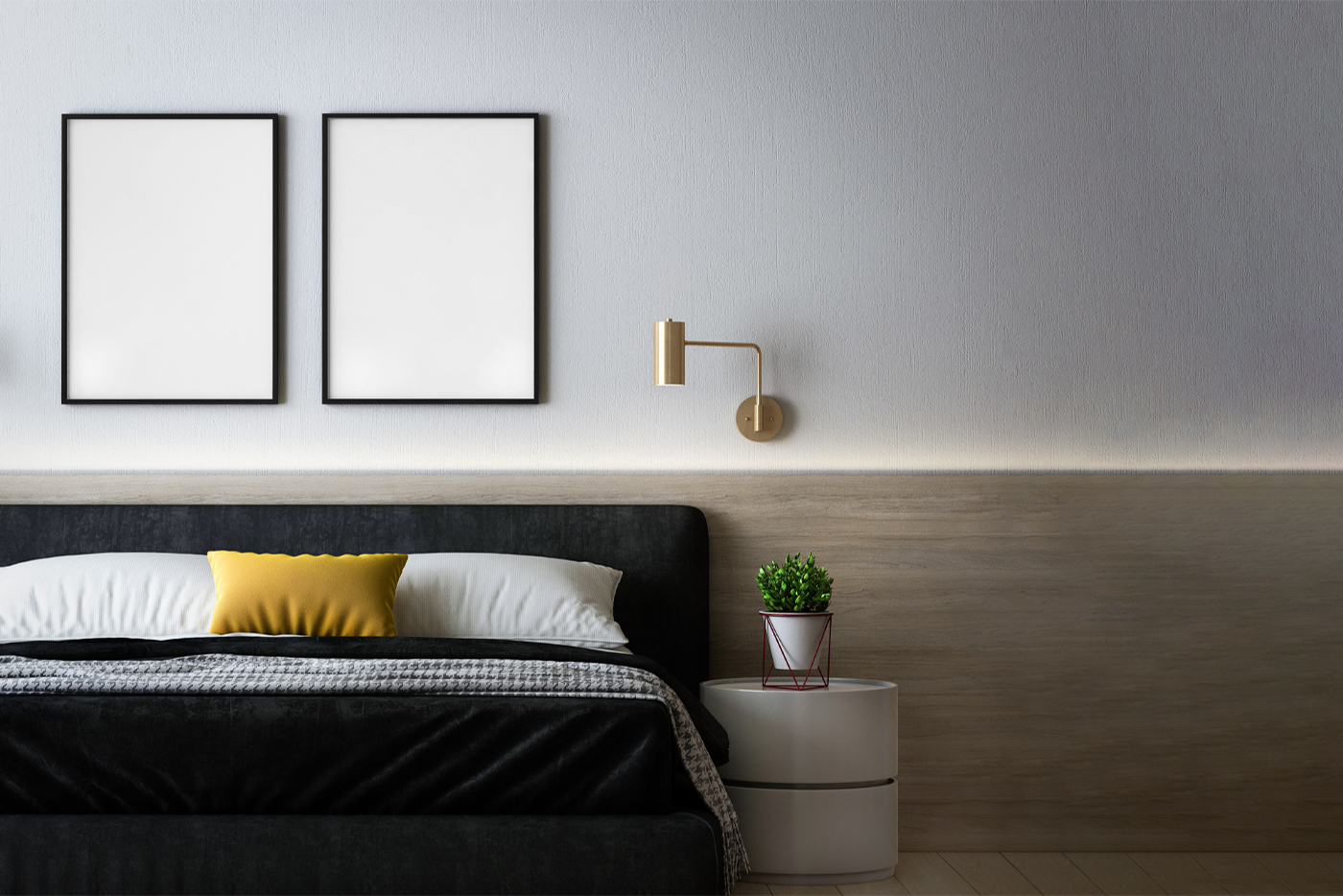 Front view, two blank poster mockup hanging on the wall in bedroom.