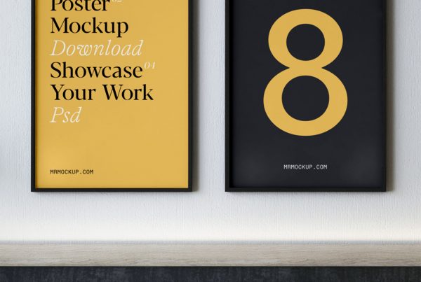 Front view, two poster mockup hanging on the wall in bedroom.
