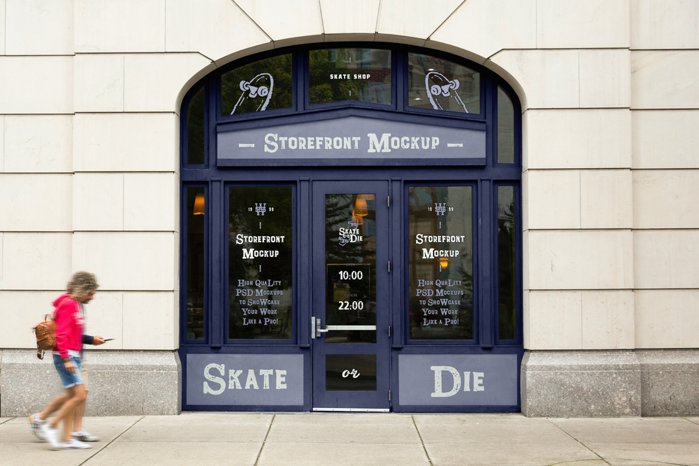 Front view, vintage shop window mockup built in building facade.
