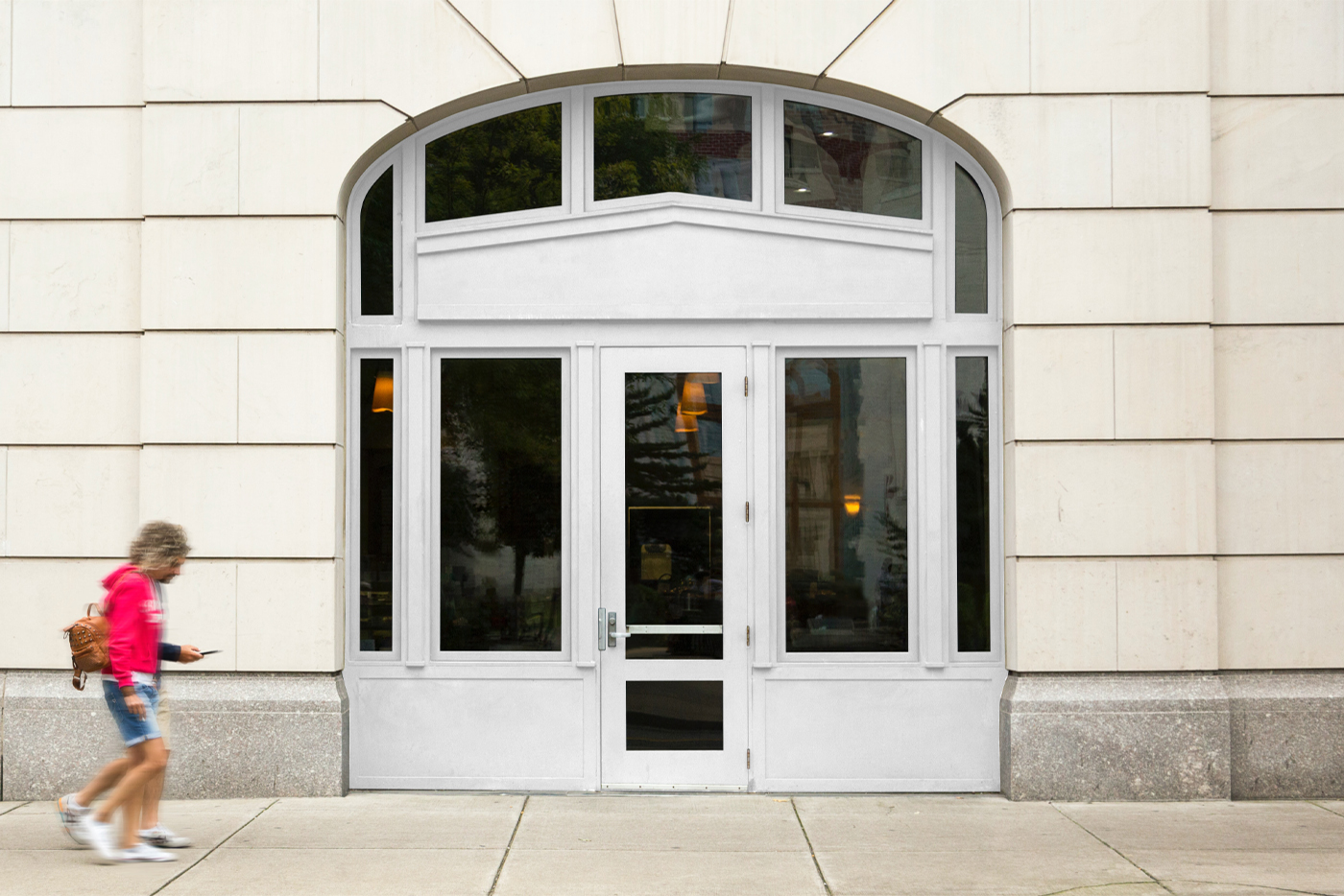 Front view, vintage shop blank window mockup built in building facade.