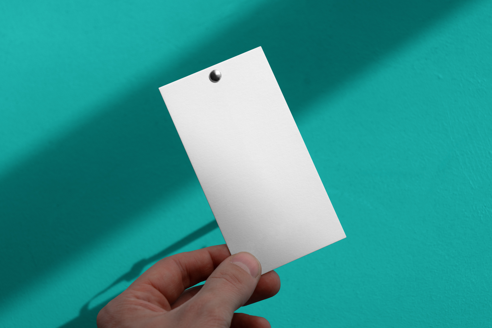 Front view, white label mockup in men's left hand against a celadon wall.