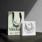 Front view, paper bag mockups standing on the dark beige concrete against on the white wall.