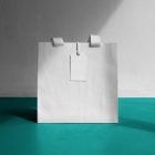 Front view, White Paper Bag Mockup standing on the celadon concrete against the white wall.