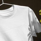 Front view, White T-Shirt Mockup hanging on a white hanger against a dark brown wall and monster flower.