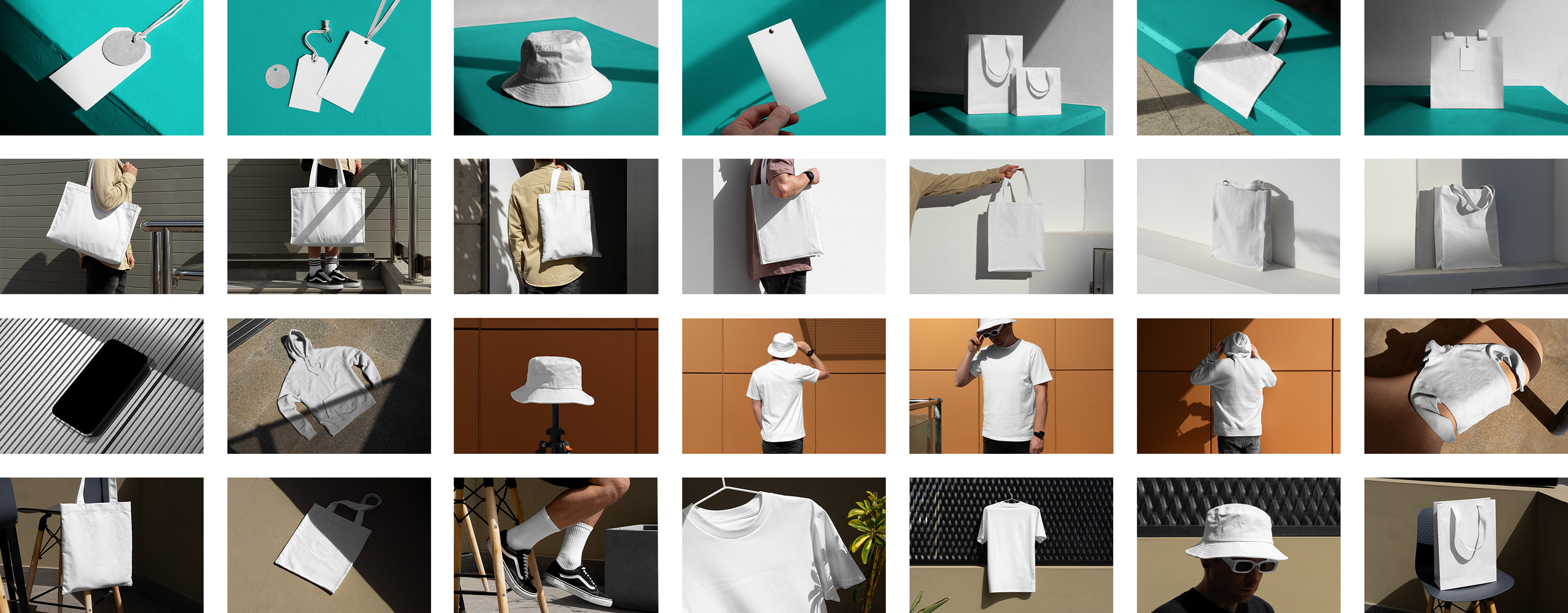 Compilation of Twenty-eight Outdoor Apparel Mockups scenes which one are showing what is inside the new mr.mockup product.