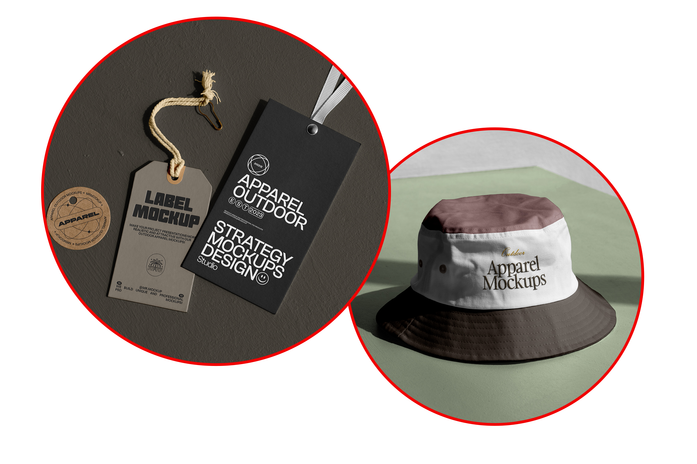 Features from Outdoor Apparel Mockups showing possibilities of effects like Deboss, Emboss and foil and embroidery on different scenes.