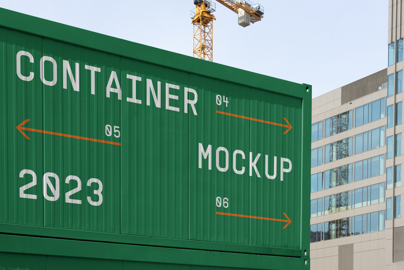 Front view, green construction container mockup with a visible sky and buildings behind.