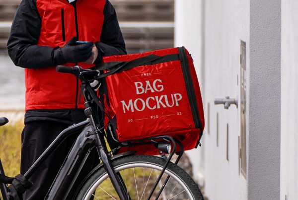 Front view, delivery bag mockup attached to the black bike.
