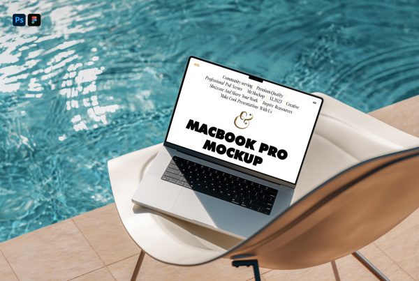 Front view, silver MacBook Pro Mockup laying on the plastic chair with a visible pool behind.