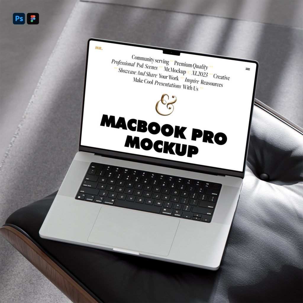 Front view, silver MacBook Pro Mockup laying on the leather chair.