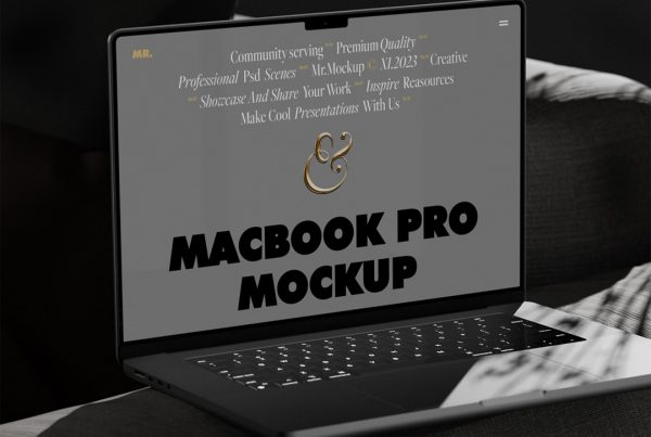 Front view, MacBook Pro Mockup standing on the gray sofa.