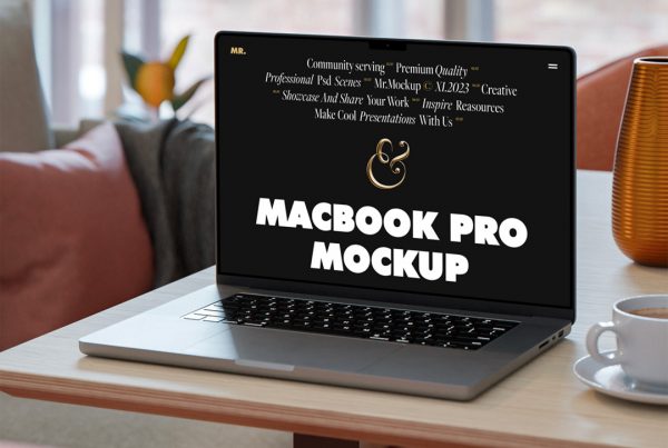 Front view, MacBook Pro Mockup standing on the wooden table.