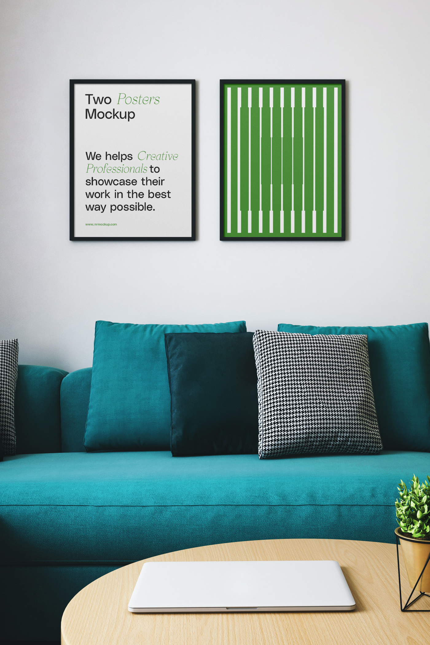 Front view, poster mockup hanging in living room inside the flat.