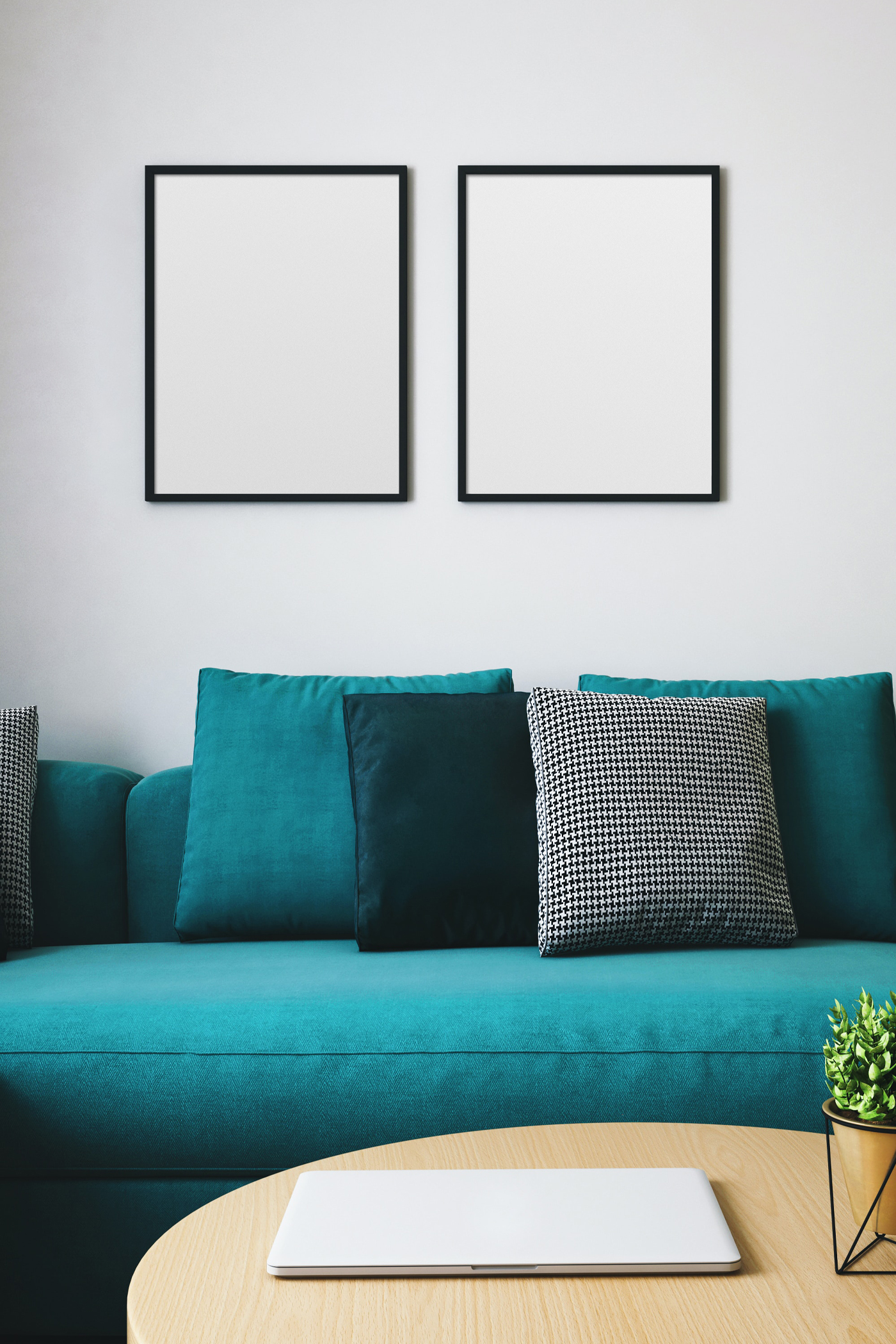 Front view, blank poster mockup hanging in living room inside the flat.