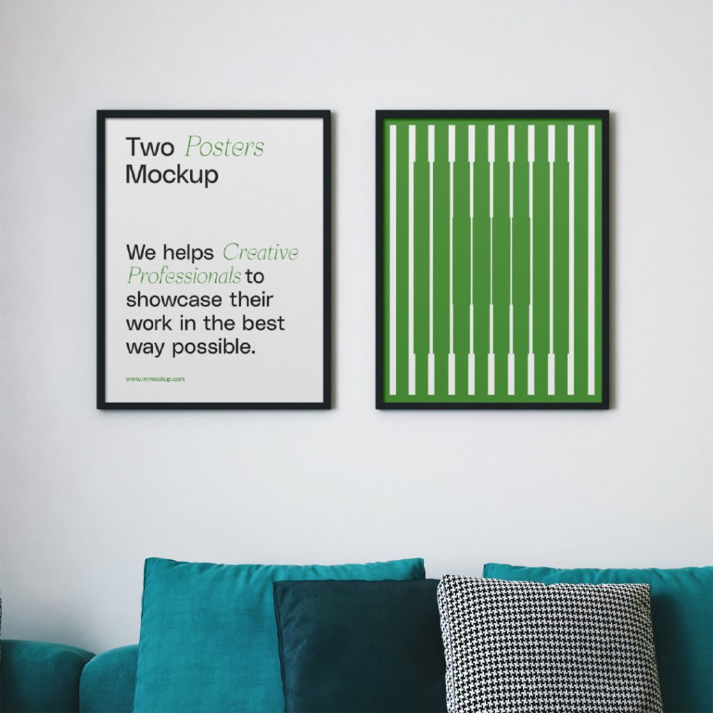 Front view, poster mockup hanging in living room inside the flat.