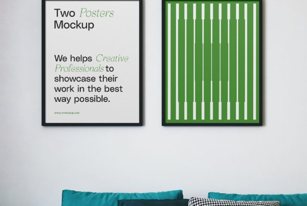 Front view, poster mockup hanging in living room inside the flat.