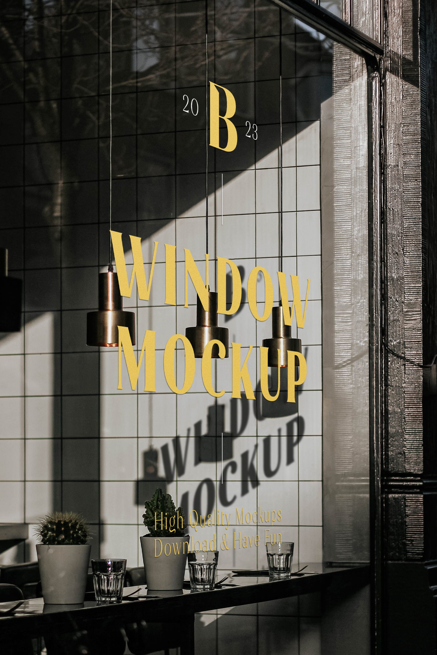 Front view, restaurant window mockup with yellow typography design.